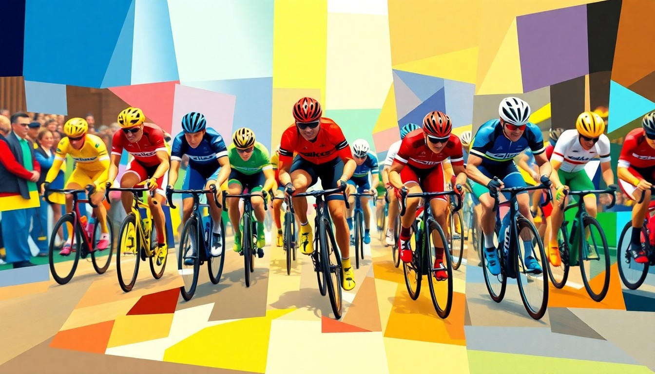 A fractured, multi-perspective painting in vibrant colors, depicting a cycling race or competition broken down into sharp, overlapping geometric planes, conveying the dynamic energy and movement of the sport.