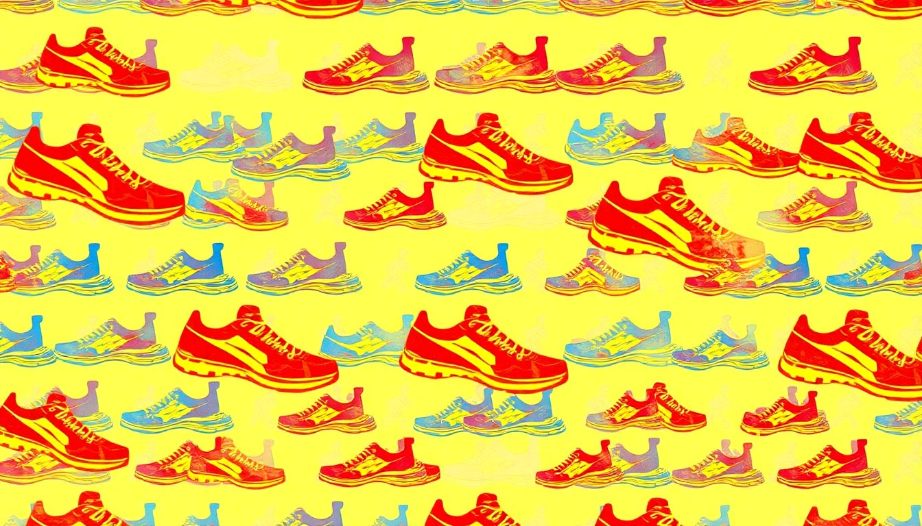 A brightly colored, abstract grid of stylized running shoe icons in shades of red, blue, and yellow, conveying the energy and community spirit of a charity running event.