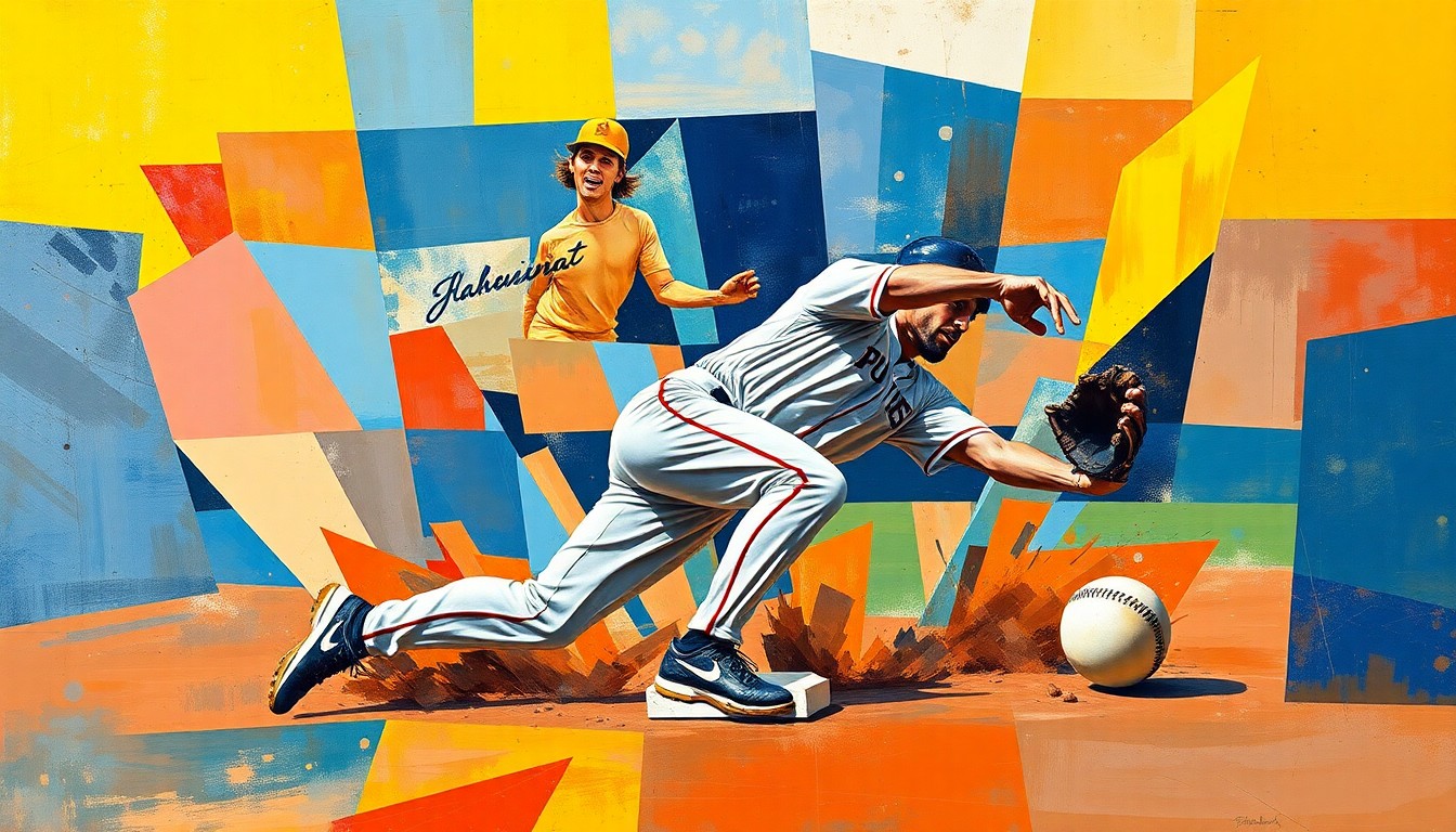A fragmented, geometric painting depicting a baseball player sliding into a base, with the player's body and the field broken down into sharp, overlapping planes of color.