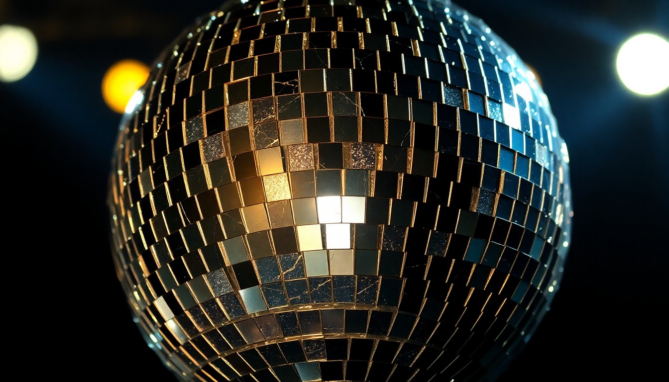 An abstract close-up photograph of a cracked, glittering disco ball reflecting dramatic studio lighting, conveying the high-glamour yet fragile nature of the rock star experience that Izzy Stradlin rejected.