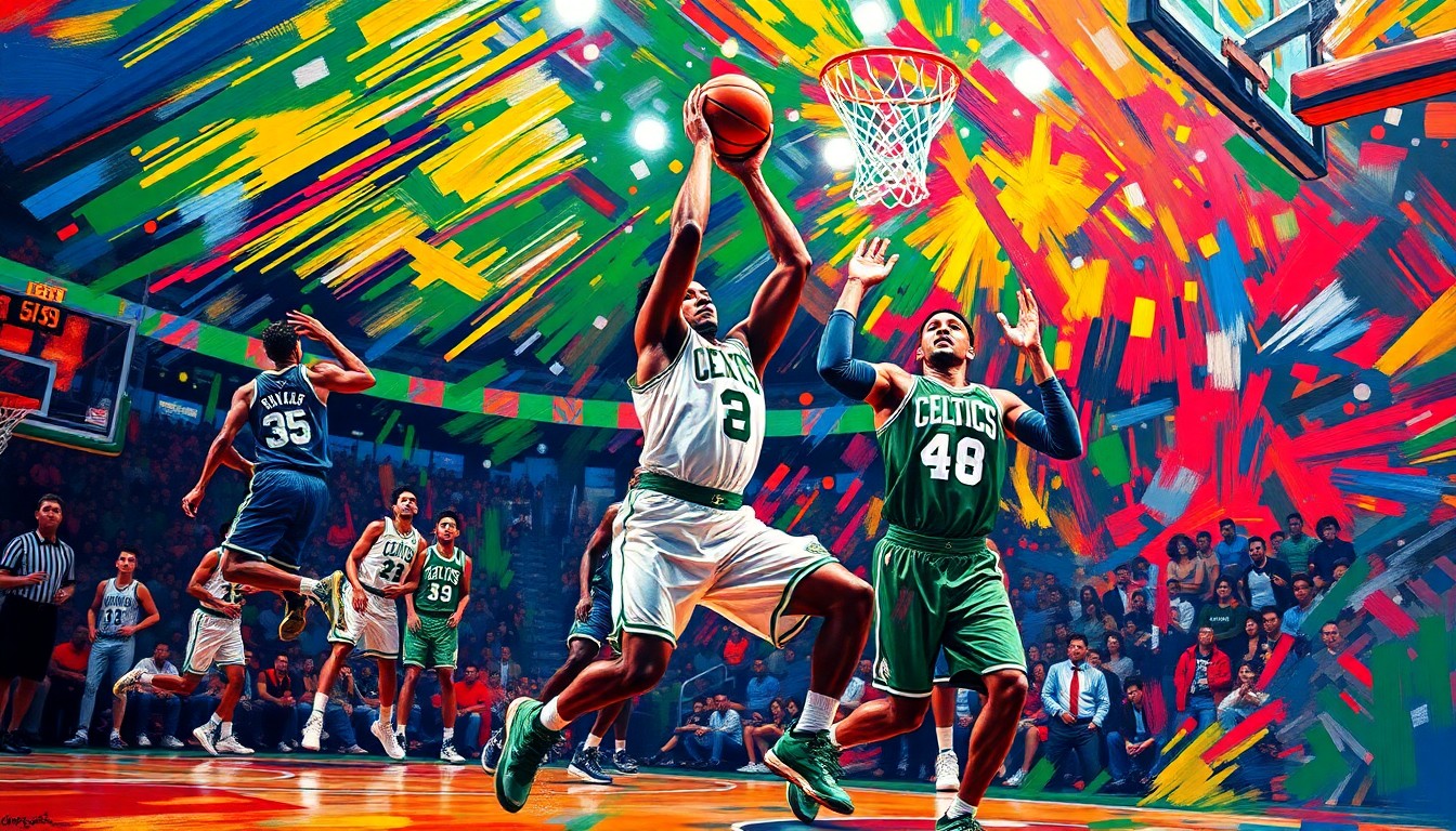 An abstract, energetic painting featuring bold, neon-colored brushstrokes that capture the dynamic motion and shooting form of Celtics players launching 3-pointers, conceptually representing the team's historic 3-point shooting performance.