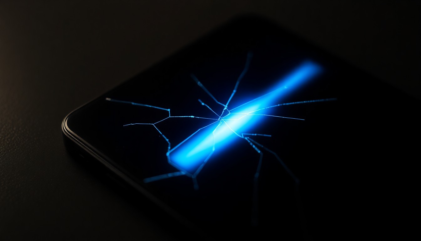 An extreme close-up photograph of a cracked smartphone screen reflecting a faint blue glow, conceptually representing the disturbing digital evidence uncovered by law enforcement in this case.
