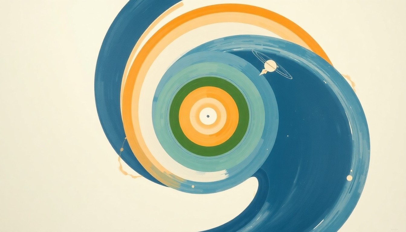 A bold, abstract painting in earthy tones depicting the geometric forces and structures involved in the Artemis II spacecraft's re-entry and splashdown, conveying the technical complexity and awe-inspiring nature of the event.