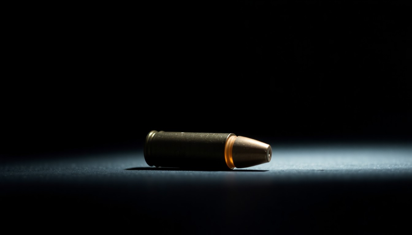 An extreme close-up of a single spent bullet casing on a dark surface, lit by a harsh, direct camera flash, conceptually illustrating the aftermath of a shooting incident.