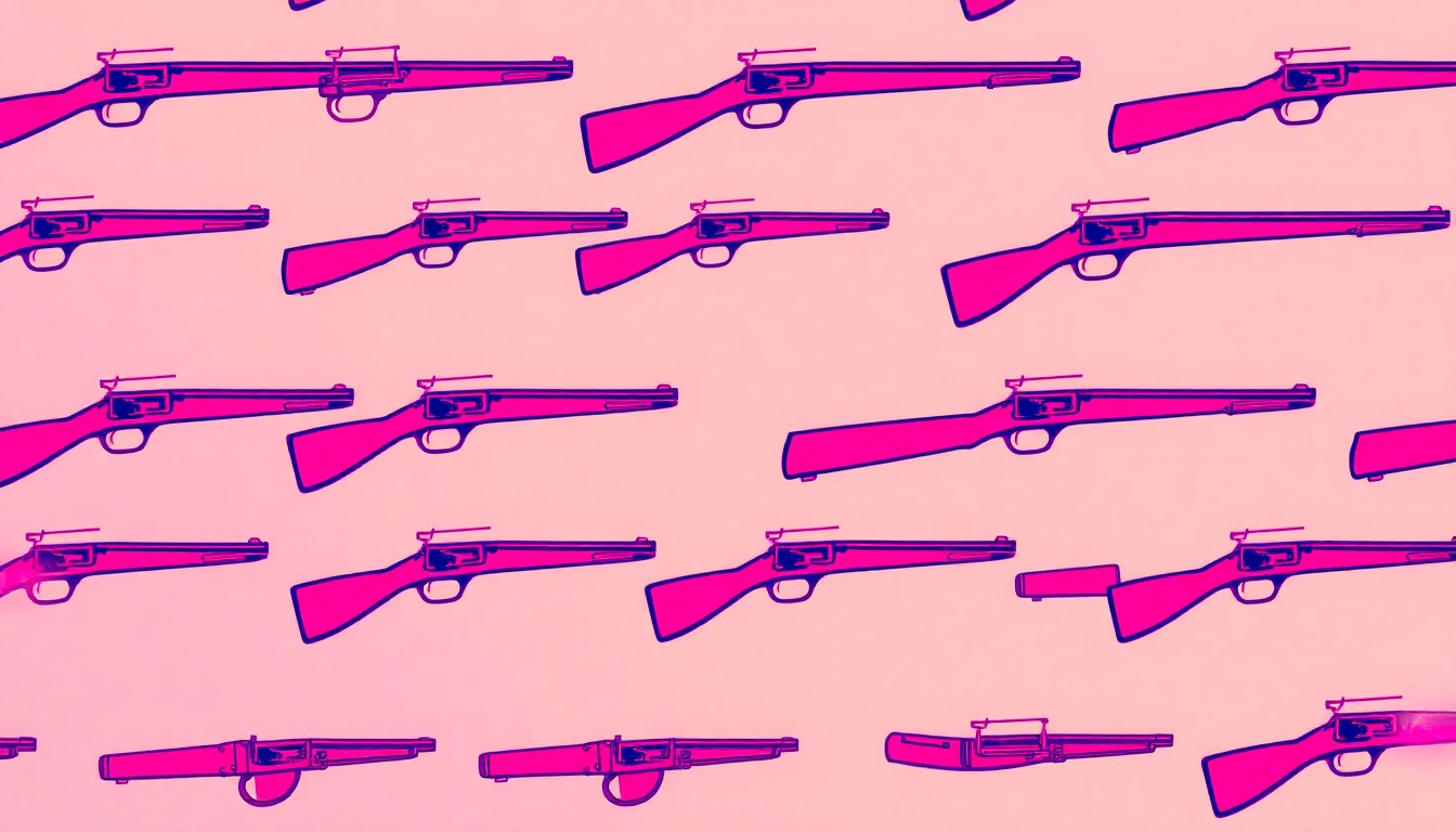 A bold, pop art-inspired illustration featuring a colonial-era musket rifle repeated in a grid pattern, rendered in a vibrant neon color palette with heavy black outlines, conceptually representing the historical reenactments and living history demonstrations at the 'Dubois 2026: A Revolutionary Rendezvous' event.