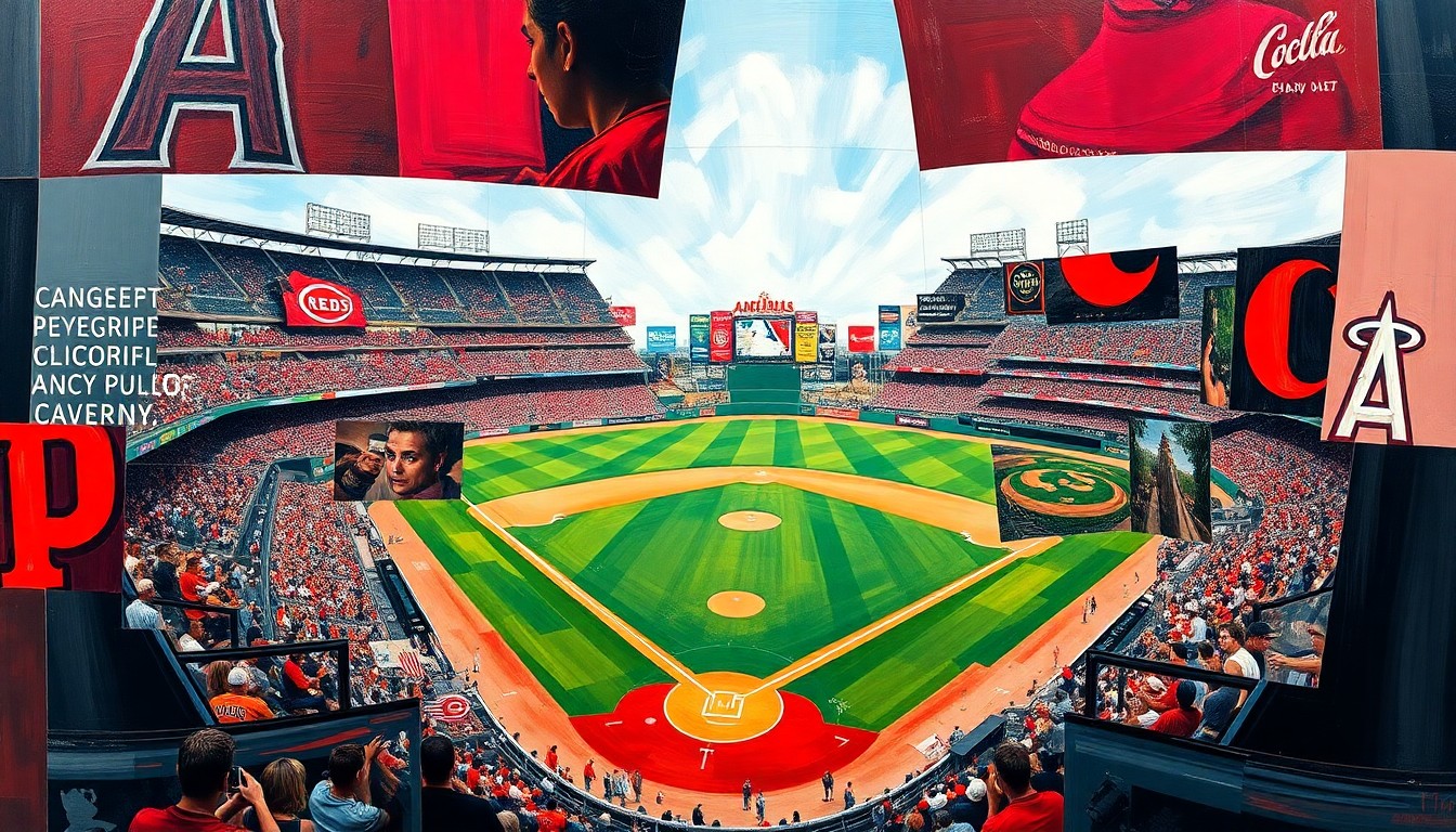 A cubist-style painting depicting a baseball game between the Cincinnati Reds and Los Angeles Angels, with the players and field broken down into sharp, overlapping geometric shapes and planes in vibrant red, black, and white colors.