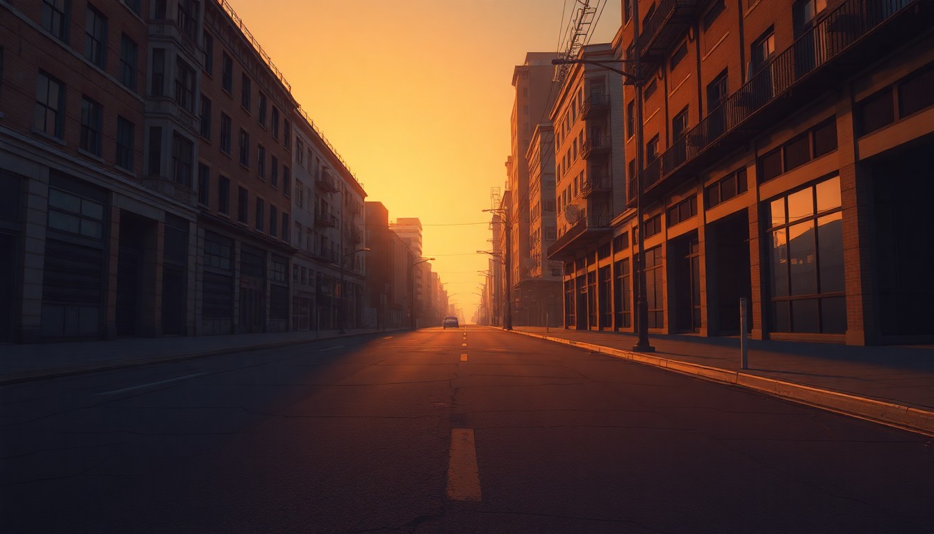 A cinematic, photorealistic painting of a deserted city street at dusk, with warm sunlight and deep shadows creating a melancholic, nostalgic atmosphere that evokes the troubled state of the country.