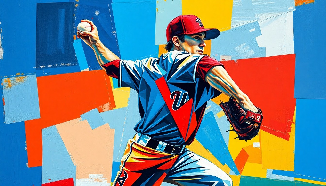 A fragmented, cubist-style painting depicting the motion and energy of a baseball pitcher's delivery, with sharp geometric shapes and planes in bold, vibrant colors.