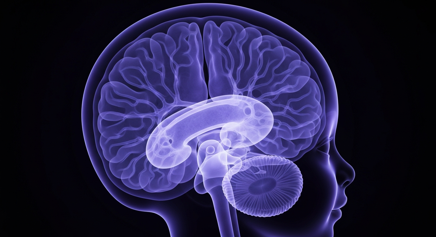 A translucent, ghostly X-ray image of a child's brain, rendered in shades of blue and purple against a dark background, revealing the intricate neural structures and symbolizing the complex mental health needs of young patients.