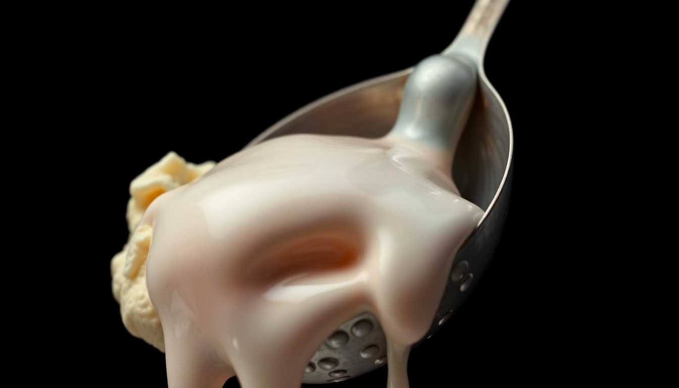 An extreme close-up photograph of a vintage metal ice cream scoop dripping with melting, glistening ice cream, capturing the tempting yet unsettling texture of the frozen dessert.