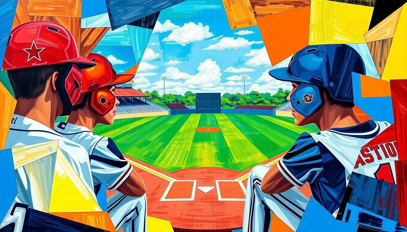 A cubist, geometric painting depicting a high school baseball game, with the players and field broken down into sharp, overlapping planes of color representing the uniforms of the competing teams.