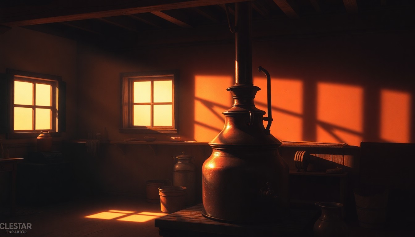 A photorealistic painting of an antique copper still sitting on a wooden table, with warm sunlight streaming through a window and casting deep shadows across the scene, conveying a sense of nostalgic craftsmanship and personal freedom.