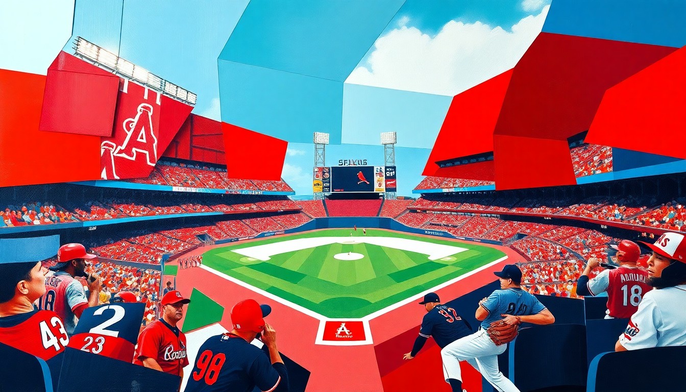 A cubist, geometric painting depicting a baseball game between the Red Sox and Cardinals, with the players and field broken down into sharp, overlapping planes of color in the team's primary hues.