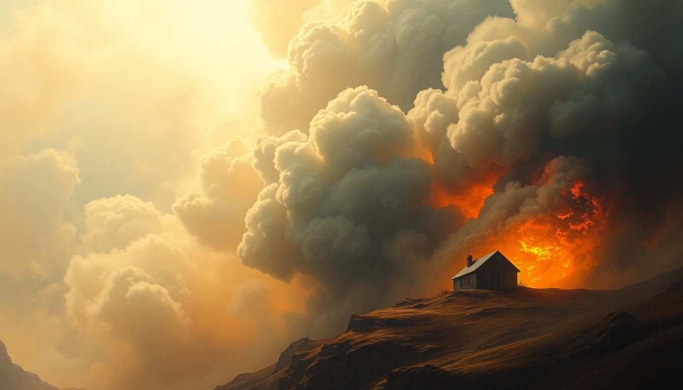 A sweeping, atmospheric landscape painting depicting a small house engulfed in flames, with billowing smoke obscuring the scene and dwarfing the physical structure, conveying the overwhelming, sublime scale of the natural disaster.