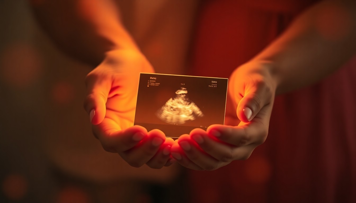 An extremely abstracted, out-of-focus photograph of a couple's hands holding a sonogram image, with soft pools of warm color and light creating a dreamlike, intimate atmosphere.