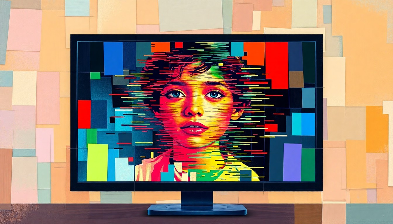 A fractured, geometric painting of a computer monitor displaying a glitching, distorted image, conceptually representing the dangers of AI-generated child sexual abuse material.