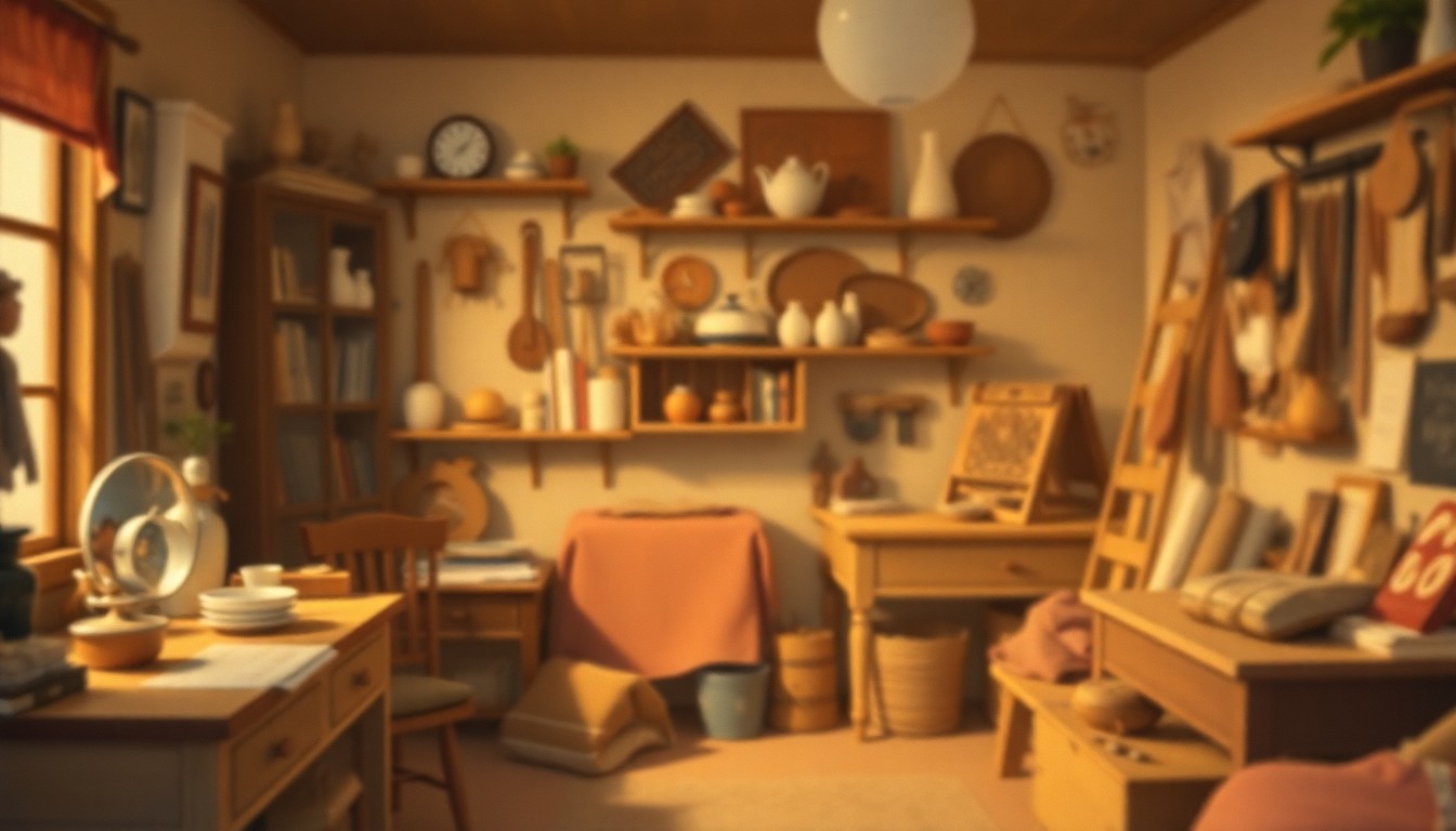 An extremely abstracted, out-of-focus photograph in soft, warm tones depicting a cozy, inviting interior scene with hints of personal mementos, tools, and everyday objects that evoke a sense of Greiff's life and passions.
