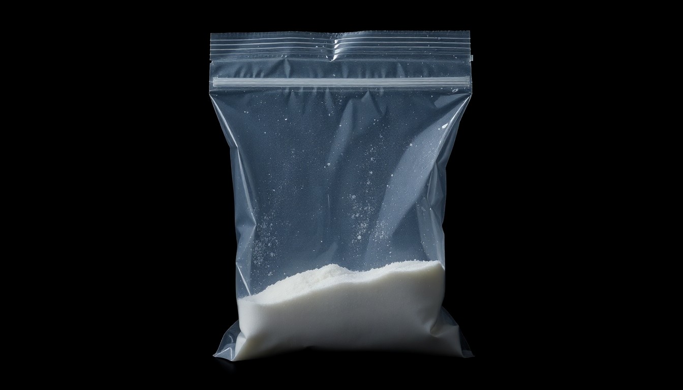 An extreme close-up of a small clear plastic bag containing white powder, lit by a harsh, direct camera flash against a pitch-black background, conveying the stark, investigative nature of this crime scene evidence.