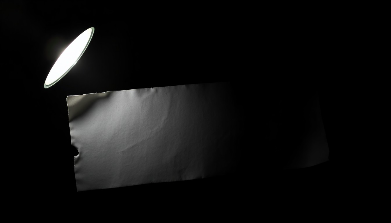 An extreme close-up of a crumpled bank deposit slip, its edges sharply defined by harsh lighting against a dark background, conceptually representing the investigation into an attempted robbery.