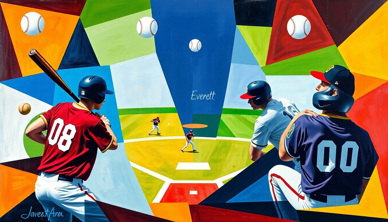 A cubist, geometric painting depicting the dynamic action of a high school baseball game, with fragmented shapes and planes of players, bats, and baseballs in the team colors.