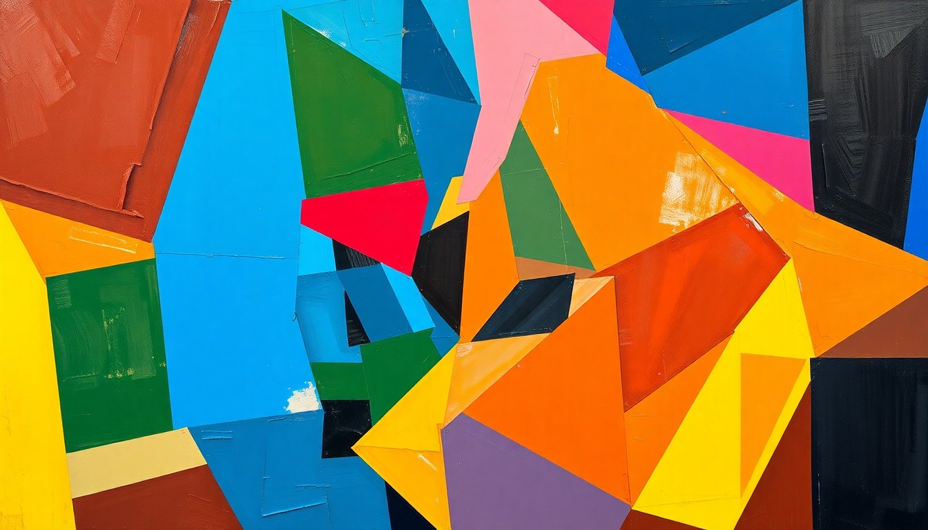 A fractured, multi-perspective painting in the style of Pablo Picasso, breaking down a basketball game or match between two teams into sharp, overlapping geometric planes in the official team colors.