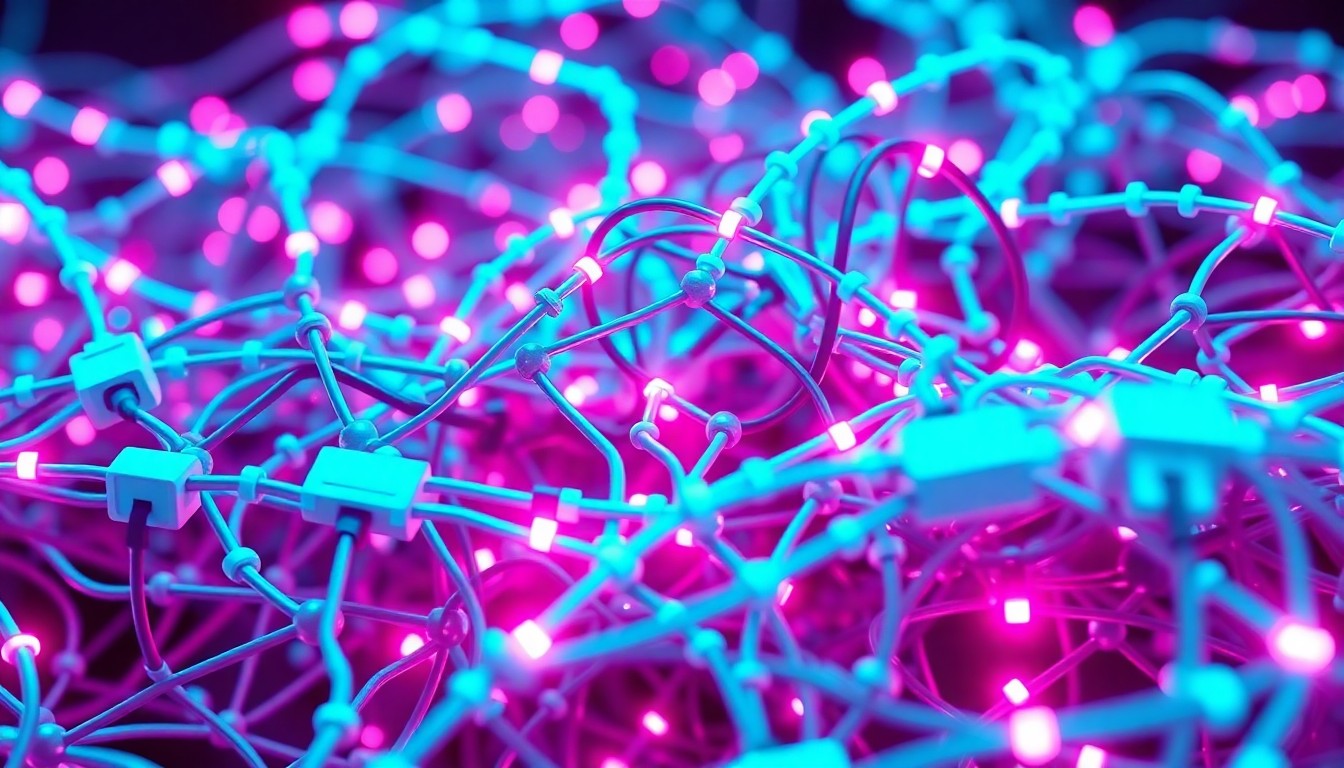 A highly detailed, glowing 3D macro illustration of a tangled web of interconnected npm packages and dependencies, illuminated by neon cyan and magenta lights, conceptually representing the complex and high-tech nature of modern software supply chains and the need for vigilance in securing them.