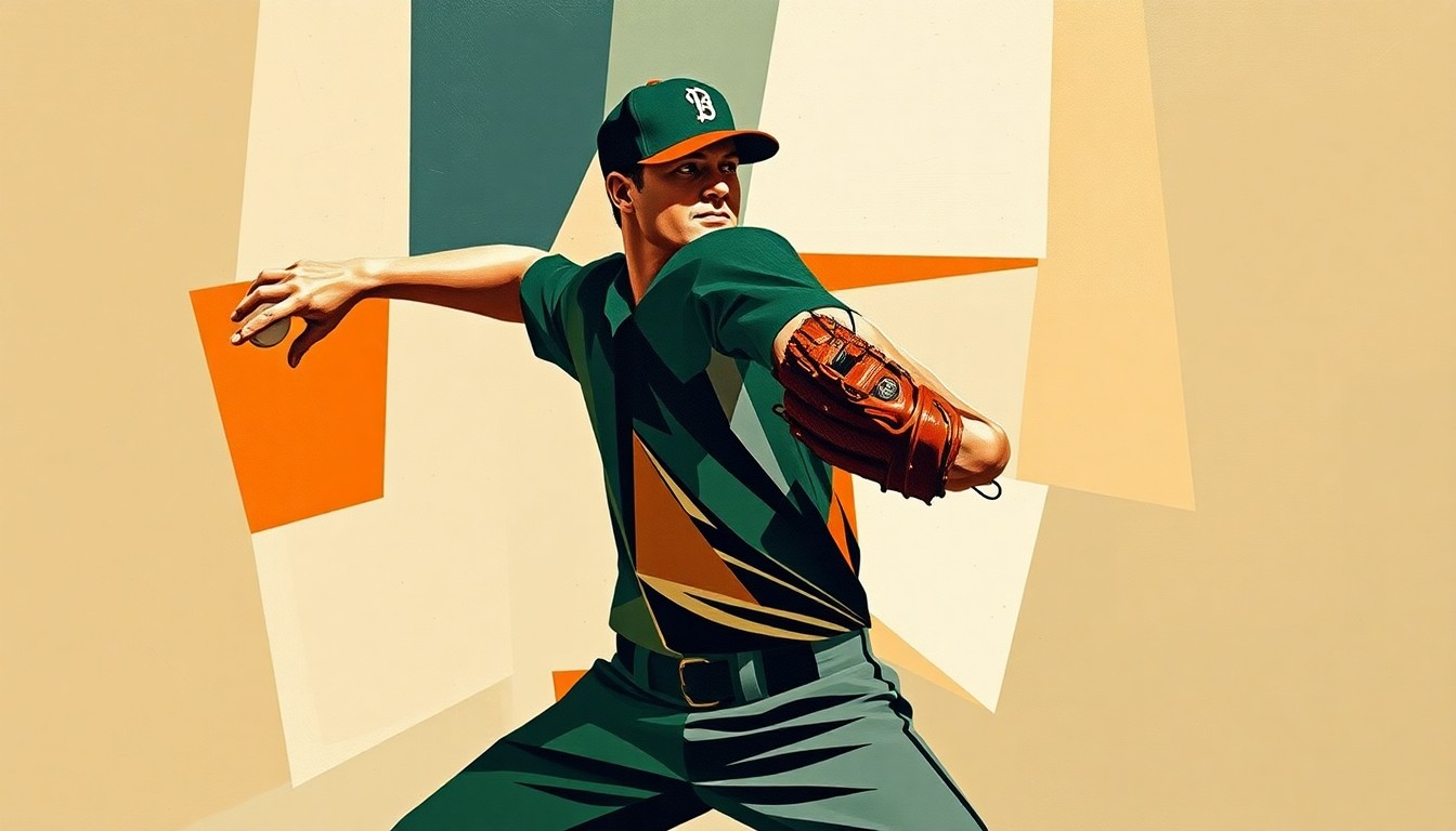 A cubist, geometric painting depicting the abstract, fragmented form of a baseball pitcher in the midst of his throwing motion, with sharp angular shapes in a palette of navy, forest green, and burnt orange.