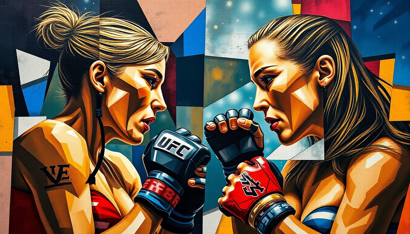 A cubist, geometric painting depicting a mixed martial arts match, with the figures of the two fighters broken down into sharp, overlapping planes of color and form, conveying the intensity and dynamism of their anticipated showdown.