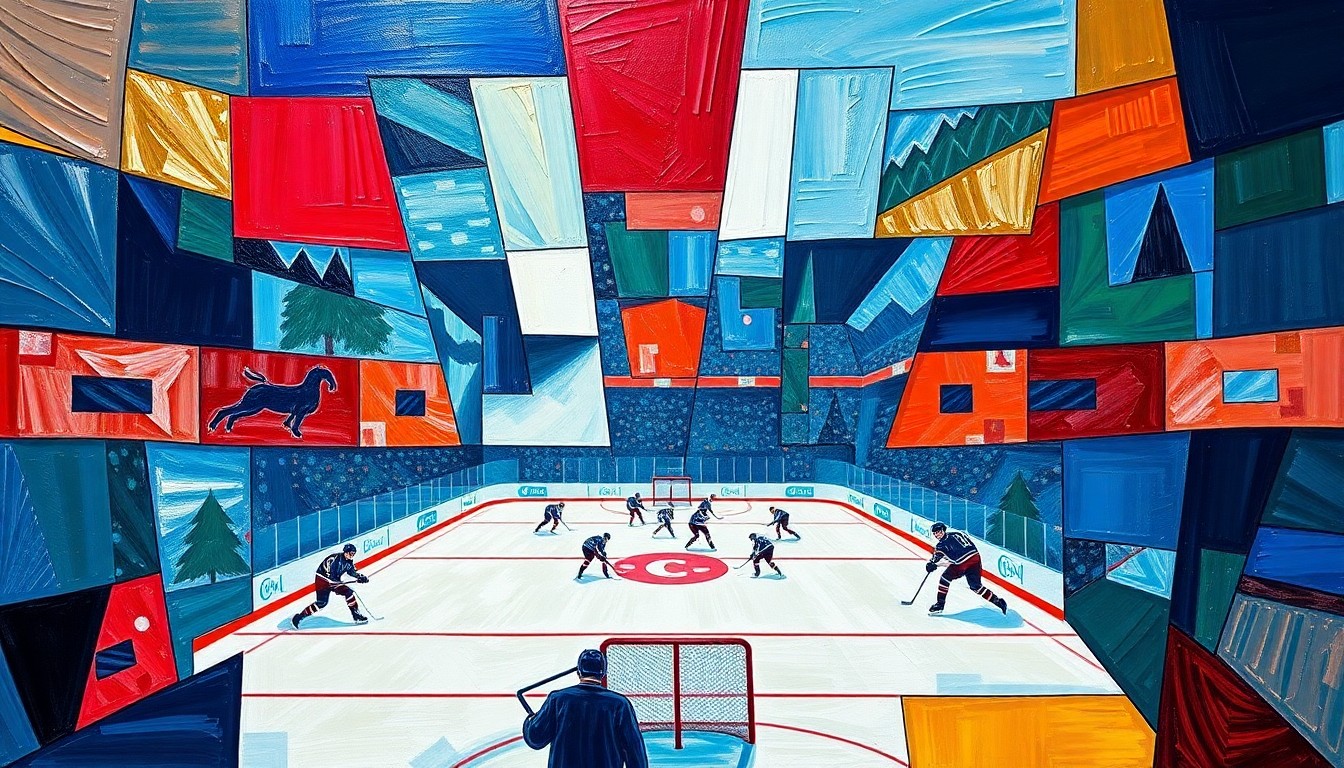 A fragmented, geometric painting depicting a hockey game with players, a penalty box, and the arena, all broken down into sharp, overlapping planes of vibrant colors like royal blue, crimson red, and forest green, conceptually representing the complex issues surrounding the penalty box incident.