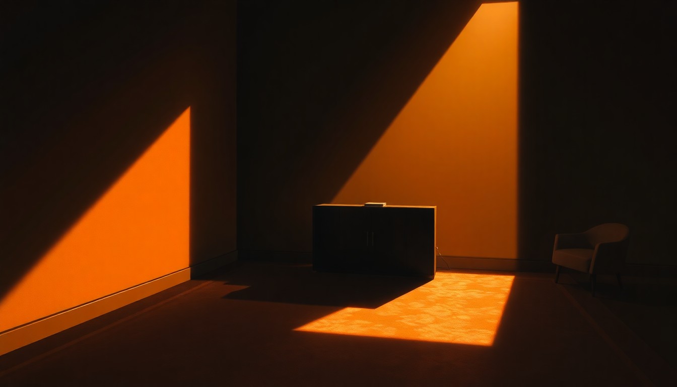A dimly lit, cinematic painting of an empty government office or political setting, with warm sunlight streaming in through a window and deep shadows enveloping the space, creating a sense of quiet contemplation.