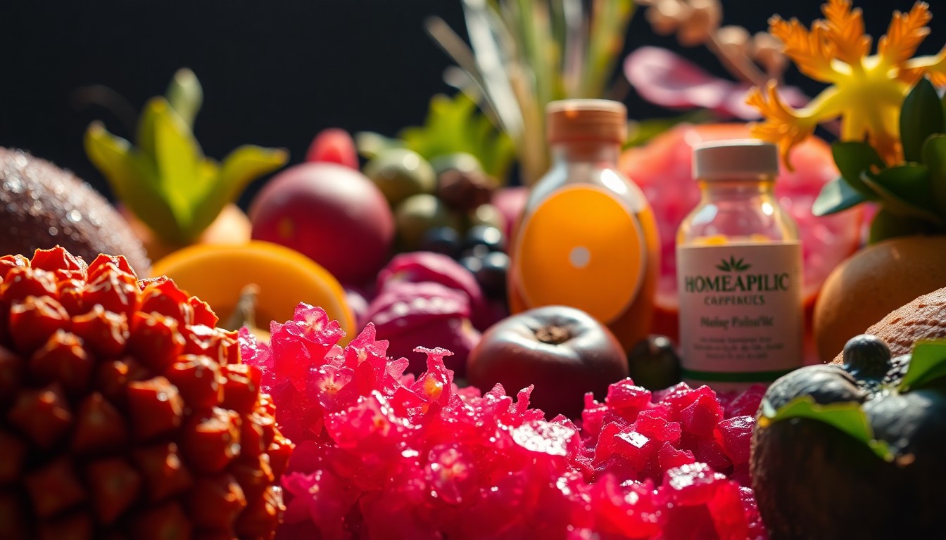 An extreme close-up of lush, textured organic produce and homeopathic products in a high-contrast, glamorous studio lighting setup, conceptually representing the joyful energy of a community festival.