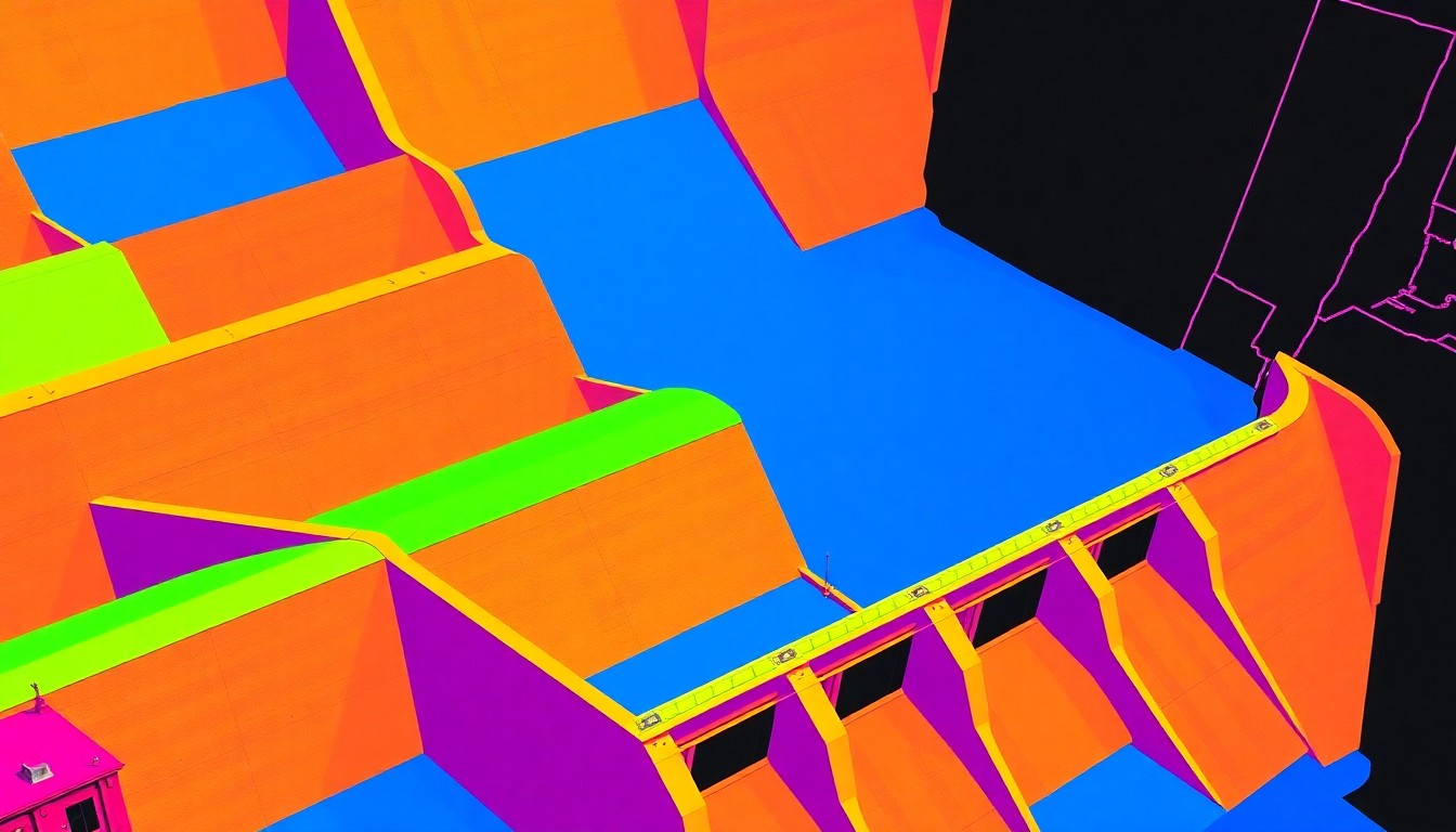 A highly stylized, pop art-inspired illustration featuring a repeated image of a dam structure in a grid, rendered in bold, neon-like colors and high-contrast black outlines, conceptually representing the emergency situation surrounding the Cheboygan Dam.