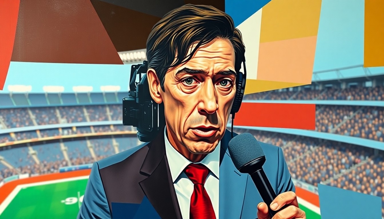 A fractured, geometric painting depicting a sports reporter in the midst of a live broadcast, with their face and body deconstructed into abstract shapes that convey a sense of internal anxiety and self-doubt.