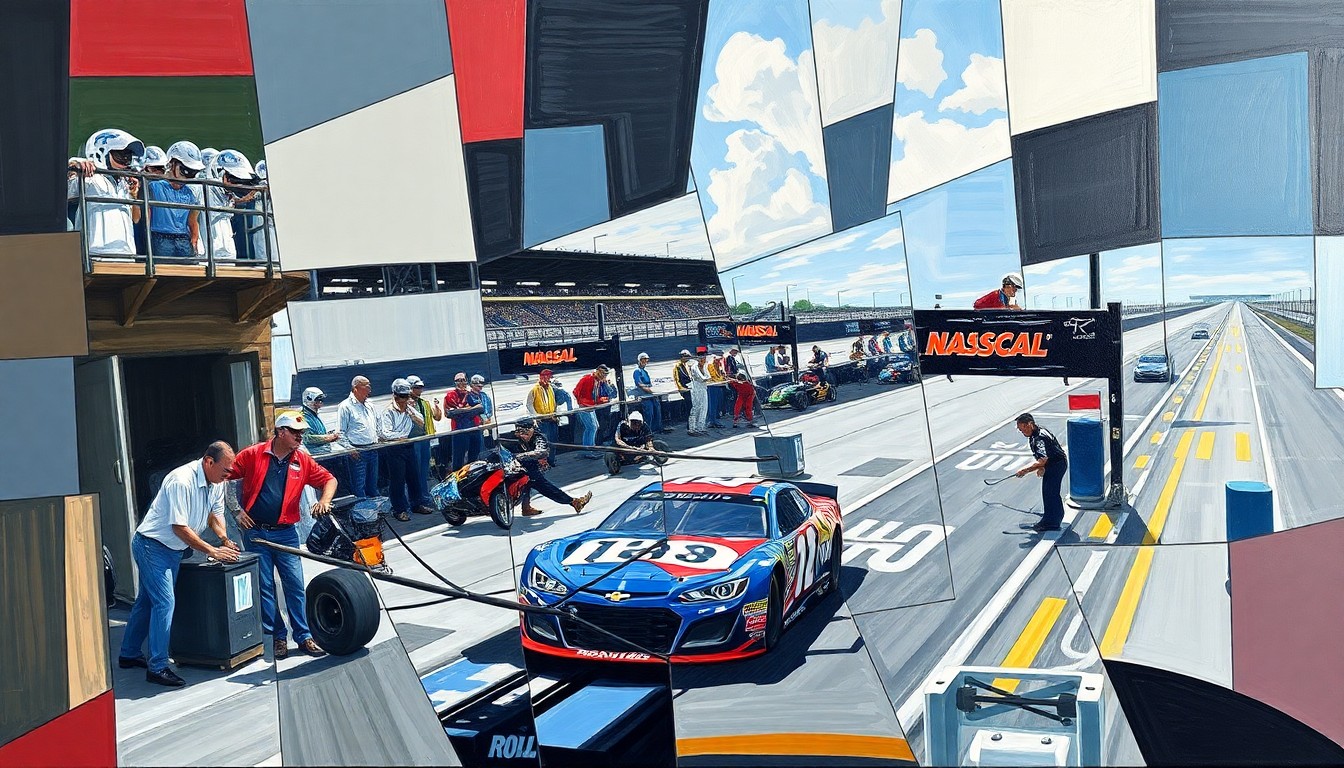A cubist, geometric painting depicting the chaotic, high-speed action of a NASCAR pit stop, with overlapping planes and shapes representing the various elements of the process.
