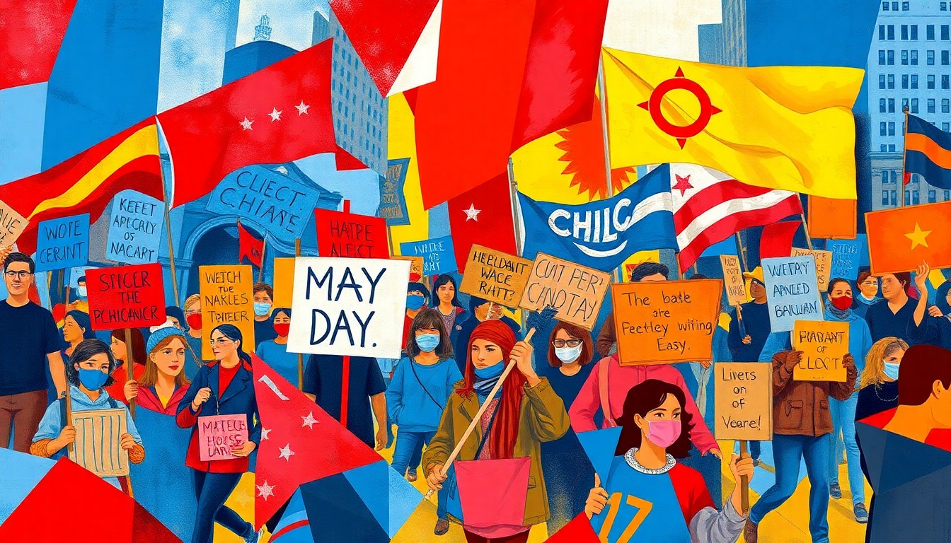 A vibrant, fractured painting in shades of blue, red, and yellow depicting a group of protesters marching with signs, banners, and flags, representing the political energy and tensions around the May Day demonstrations in Chicago.