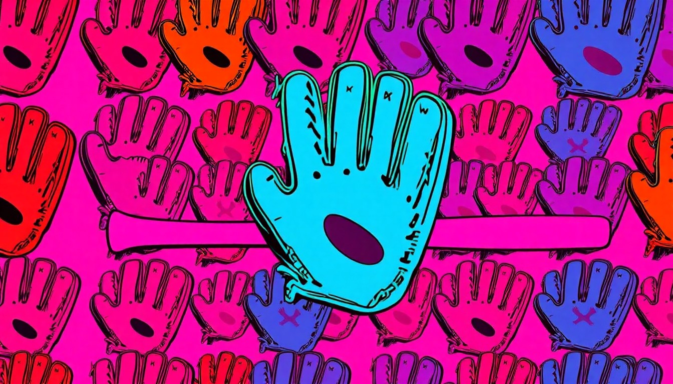 A brightly colored, high-contrast silkscreen print featuring a baseball glove and bat repeated in a tight grid pattern, capturing the iconic symbols of America's pastime in a modern pop art style.