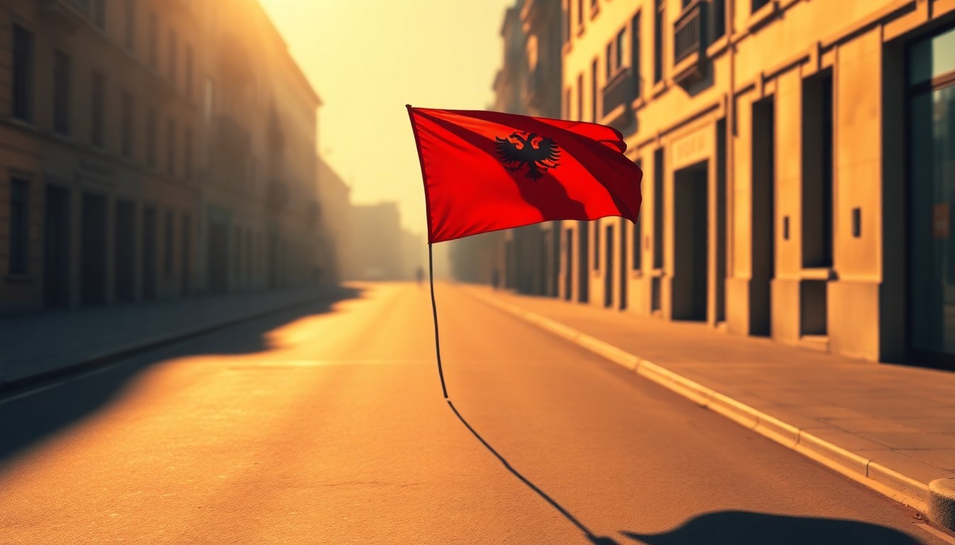 A serene oil painting depicting an Albanian flag gently waving in the warm sunlight of an urban street, with deep shadows cast across the pavement, conveying a sense of quiet civic pride and international connection.