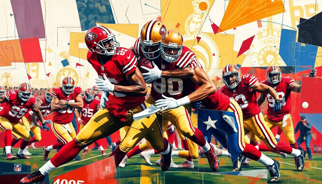 A cubist-style painting depicting a fragmented, geometric representation of a 49ers football player or game action, using bold, contrasting colors to capture the dynamic energy of the sport.