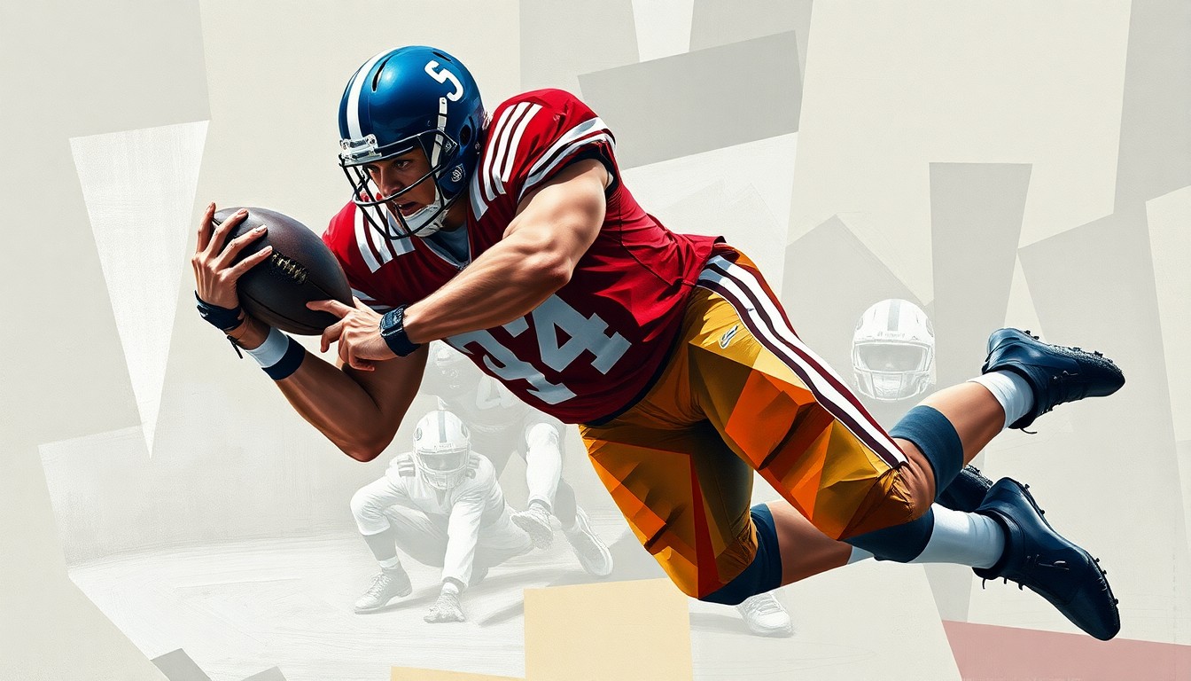 A fragmented, geometric painting depicting a middle linebacker making a tackle, with the player's form broken down into sharp, overlapping planes of color and shape.