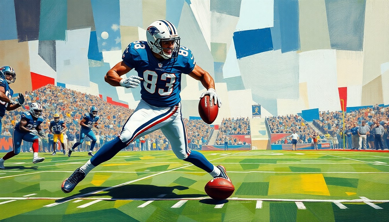 A fragmented, cubist-style painting depicting a defensive back making a play on the football field, with the player's body and the ball broken down into sharp, overlapping geometric shapes and planes.