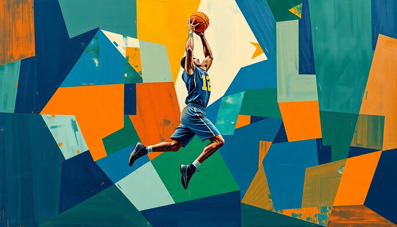 A cubist, geometric painting depicting a basketball player's body broken down into sharp, overlapping planes of navy, green, and orange, conveying the sudden impact of an injury.