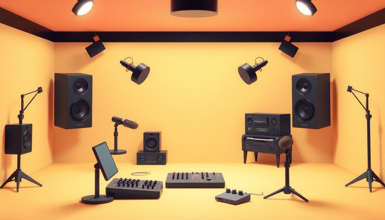 A highly stylized, isometric 3D digital illustration depicting a miniature radio studio environment with microphones, soundboards, and speakers floating on a pastel background, conveying the participatory energy of a local radio contest.