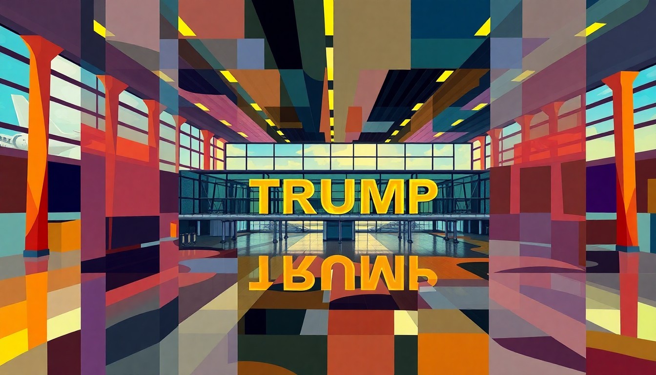 A fractured, abstract painting depicting an airport terminal with a large, golden 'TRUMP' sign prominently displayed, the image repeated in overlapping, geometric waves of color, conveying a sense of disruption and the commercialization of public spaces.