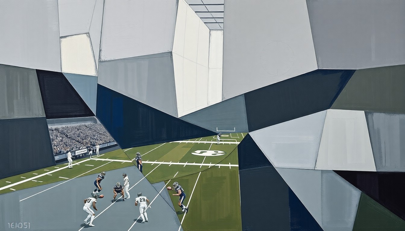 A fractured, cubist-style painting depicting a fragmented, geometric scene of a football game or NFL draft event, with sharp planes of color and form that obscure any recognizable figures or details, conveying a sense of the complex tensions between sports and education in the community.