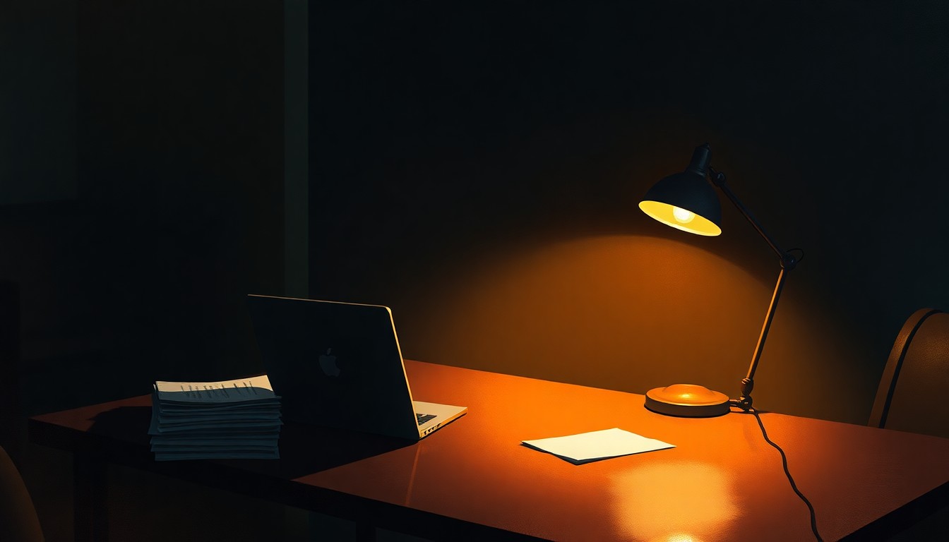 A dimly lit, cinematic painting of a solitary office desk with a laptop, a stack of papers, and a desk lamp casting warm, diagonal shadows, conceptually representing the investigation into political and business relationships.