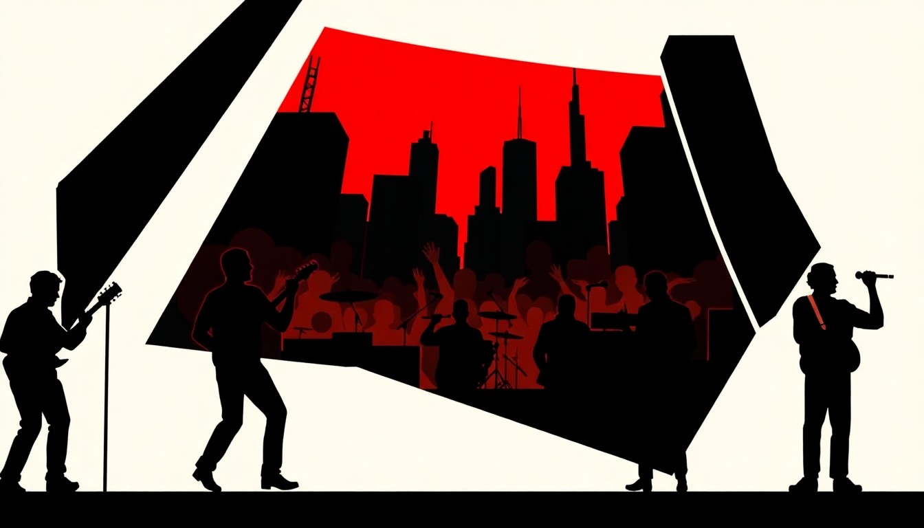 An abstract, minimalist illustration featuring stark black silhouettes of a concert stage and crowd against a high-contrast red and white background, conceptually representing the collision of live music, fan culture, and urban change in Chicago.