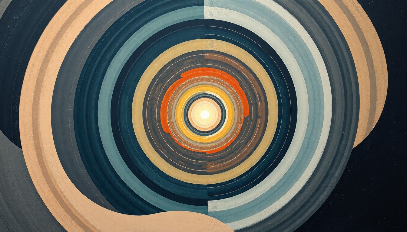 A highly structured abstract painting in soft blues, greens, and grays, featuring sweeping geometric arcs, concentric circles, and precise botanical spirals, conceptually representing the deformations and shifts of the human brain in the absence of gravity.