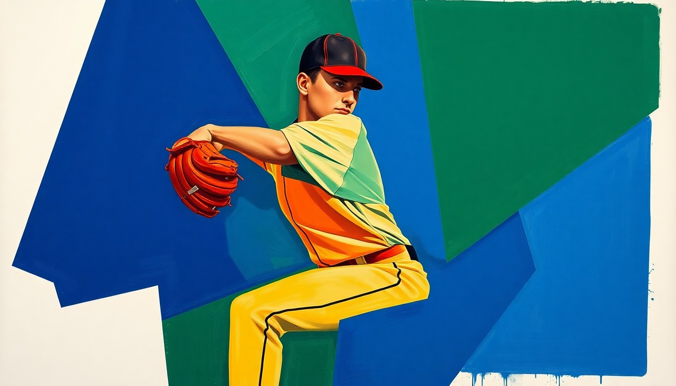 A cubist, geometric painting depicting a baseball pitcher's windup and delivery broken down into sharp, overlapping planes of navy, green, and orange, conveying the complex factors behind Skubal's decision to skip a WBC start.