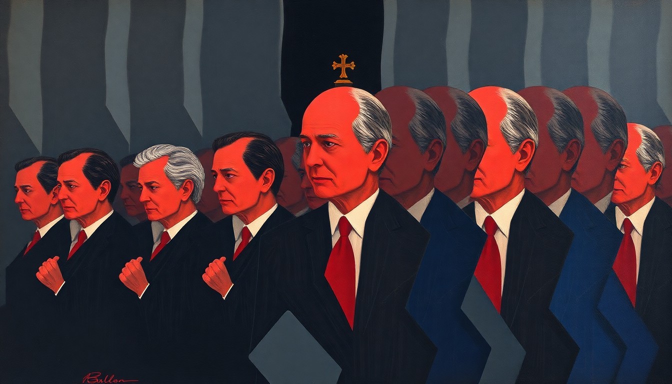 A dynamic, fragmented painting depicting a blurred, abstracted political figure or government building, conveying a sense of motion and unrest through overlapping geometric shapes and bold, muted colors.