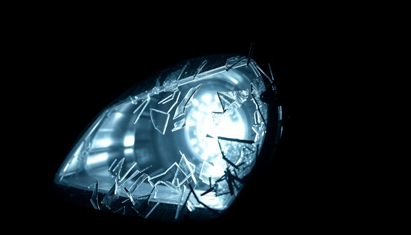 An extreme close-up photograph of a shattered car headlight lens against a pitch-black background, conveying the gritty aftermath of a serious car accident through dramatic lighting and stark, textural details.